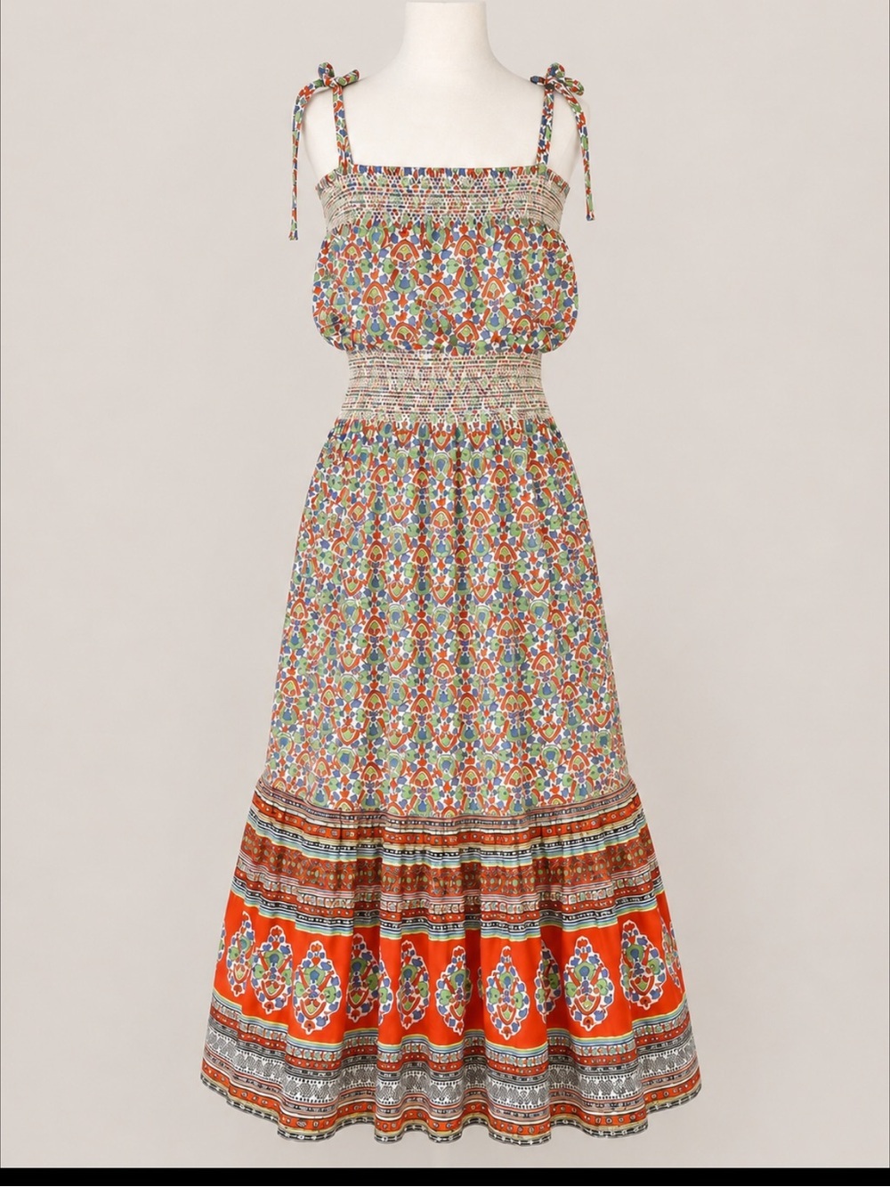 Tory Burch Smocked Tie-Shoulder Maxi Dress | 100% Cotton | Printed Resort Dress